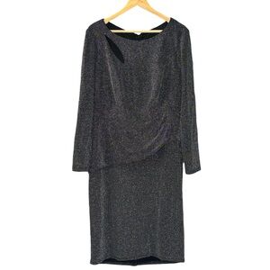 Xscape dress black silver metallic thread cutout neck long sleeve cocktail